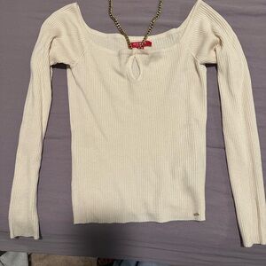 Guess Cream Ribbed Knit Top with Chain